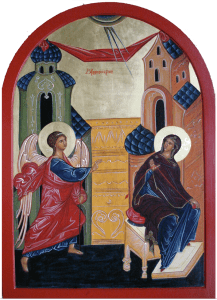 Icône de l’Annonciation : l’archange Gabriel s’adresse à la Vierge Marie